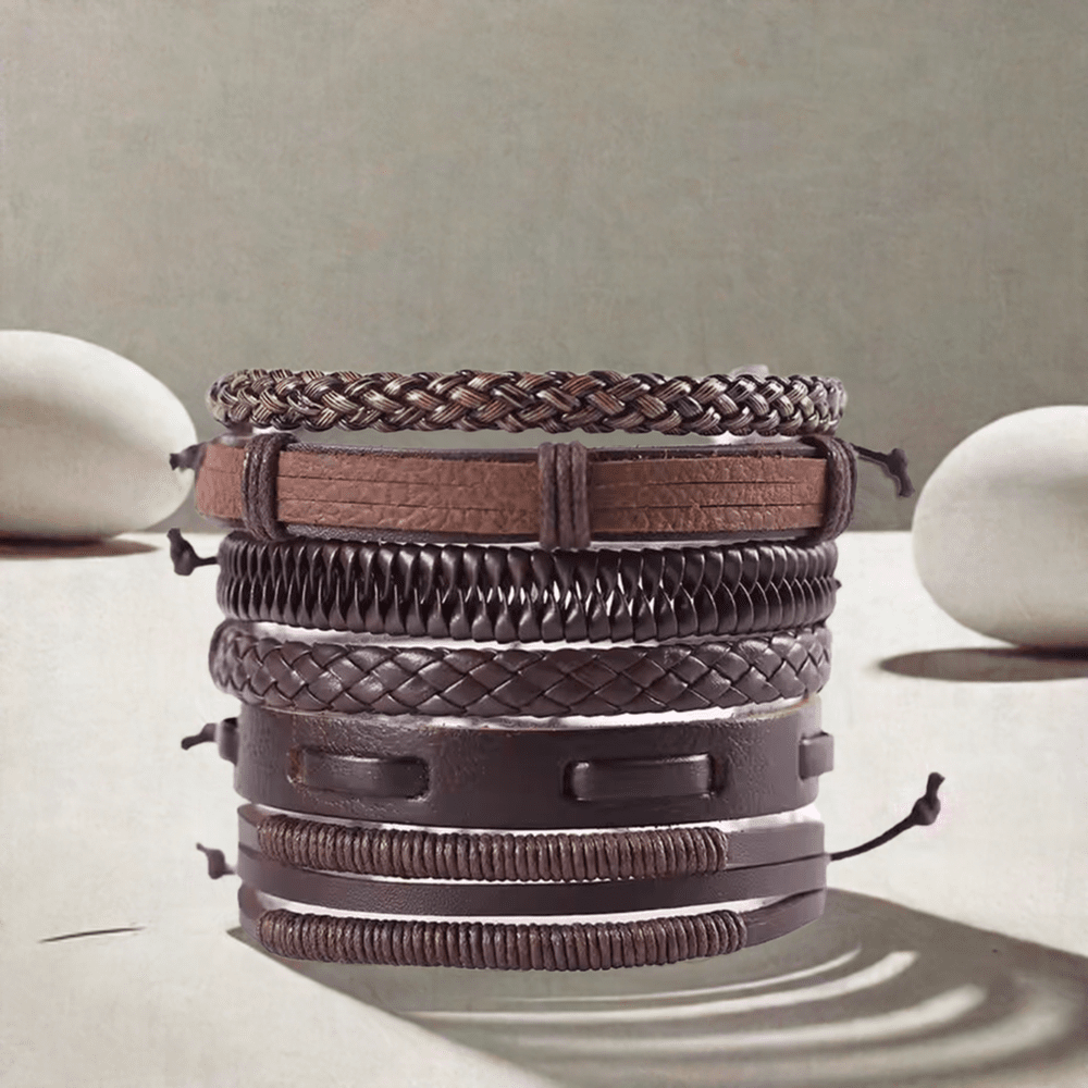 STRING WOVEN - 6 pcs Multi-layer Set Genuine Braided Leather Bracelet Set for Men & Boys (8 inch) - THE MEN THING