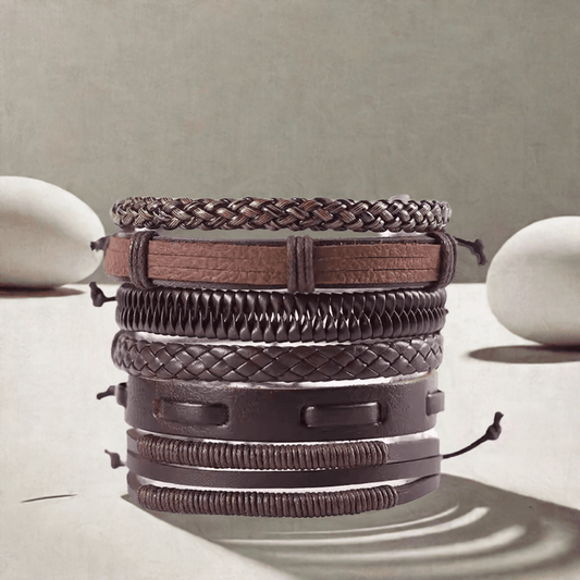 STRING WOVEN - 6 pcs Multi-layer Set Genuine Braided Leather Bracelet Set for Men & Boys (8 inch) - THE MEN THING