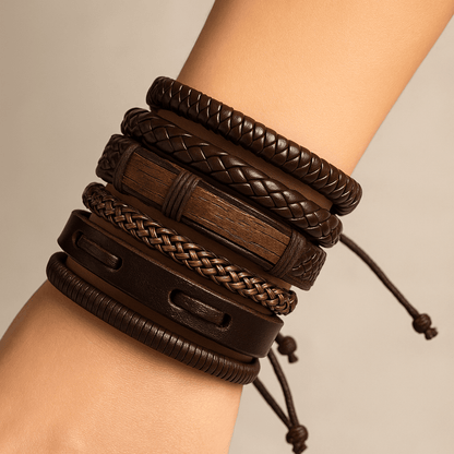 STRING WOVEN - 6 pcs Multi-layer Set Genuine Braided Leather Bracelet Set for Men & Boys (8 inch) - THE MEN THING
