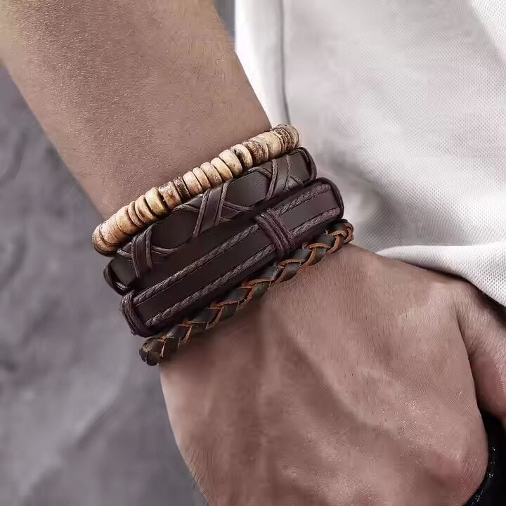 SURVIVOR’S STRAND - 4 Pcs Genuine Braided Leather Bracelet Set for Men & Boys (8 inch) — Leather Bracelet for Men | THE MEN THING
