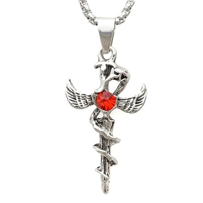 SWORD OF ANGLE (RED STONE) (T) - Pure Titanium Steel Pendant with Stainless Steel 24inch Round Box Chain, European trending Style for Men & Boy - THE MEN THING