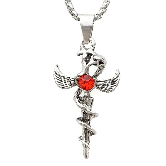 SWORD OF ANGLE (RED STONE) (T) - Pure Titanium Steel Pendant with Stainless Steel 24inch Round Box Chain, European trending Style for Men & Boy — SS Pendant/ Necklace for Men | THE MEN THING