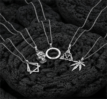 SYMBOLIC ARCANUM High Contrast 5-Piece Men’s Pendant Set – HELIX, SKULL STAR, LEAFEN, VICTORIOUS, & LUCKY KNOT Necklaces on 24 Inch Stainless Steel Chain for Mens and Boys - THE MEN THING