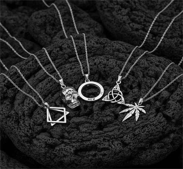 SYMBOLIC ARCANUM High Contrast 5-Piece Men’s Pendant Set – HELIX, SKULL STAR, LEAFEN, VICTORIOUS, & LUCKY KNOT Necklaces on 24 Inch Stainless Steel Chain for Mens and Boys