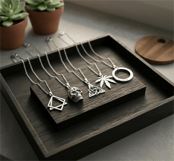 SYMBOLIC ARCANUM High Contrast 5-Piece Men’s Pendant Set – HELIX, SKULL STAR, LEAFEN, VICTORIOUS, & LUCKY KNOT Necklaces on 24 Inch Stainless Steel Chain for Mens and Boys
