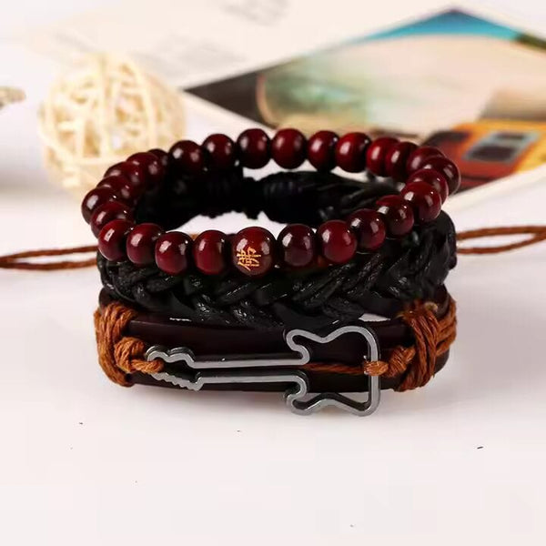 Set of 3 Genuine Braided Leather Adjustable Bracelets for Men & Boys – 8 Inch