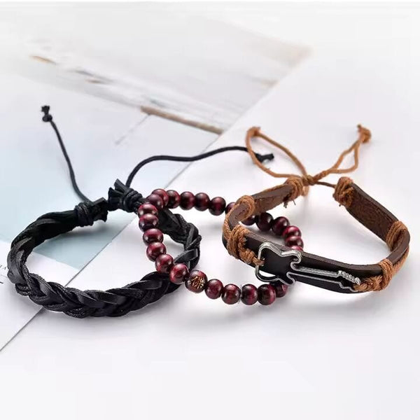 Set of 3 Genuine Braided Leather Adjustable Bracelets for Men & Boys – 8 Inch