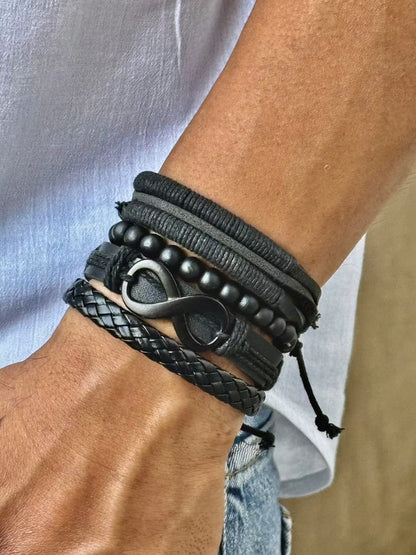 Set of 4 Genuine Braided Leather Adjustable Bracelets for Men & Boys – 8 Inch - THE MEN THING