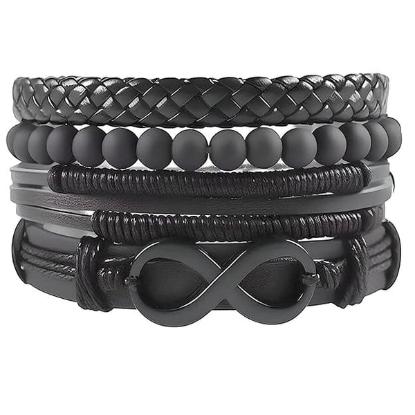 Set of 4 Genuine Braided Leather Adjustable Bracelets for Men & Boys – 8 Inch