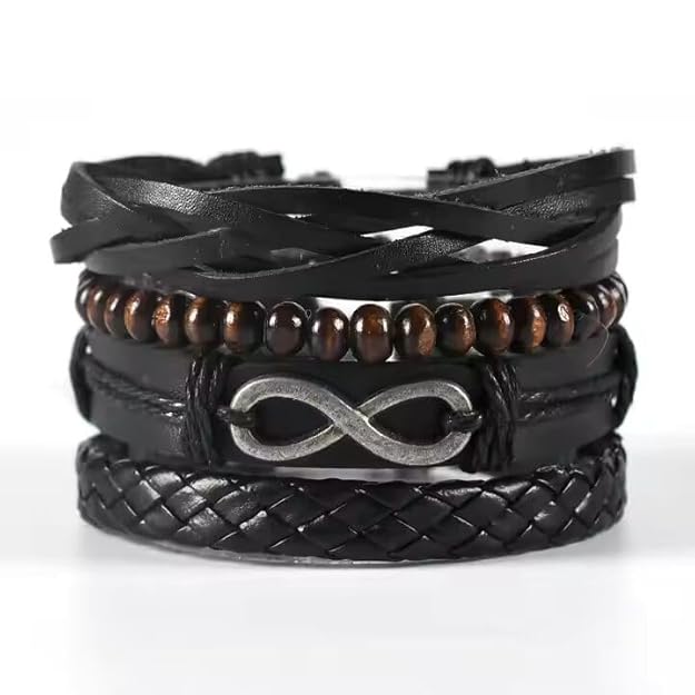 Set of 4 Genuine Braided Leather Adjustable Bracelets for Men & Boys – 8 Inch — Leather Bracelet for Men | THE MEN THING