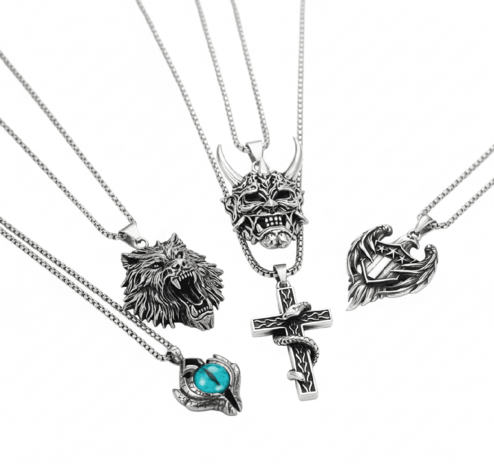 Signature Pendant Pack of 5 – Eagle, Snake, King, Blue Eye & Demon Mask with Stainless Steel 24-Inch Round Box Chain for Mens and Boys - THE MEN THING
