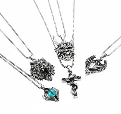 Signature Pendant Pack of 5 – Eagle, Snake, King, Blue Eye & Demon Mask with Stainless Steel 24-Inch Round Box Chain for Mens and Boys - THE MEN THING