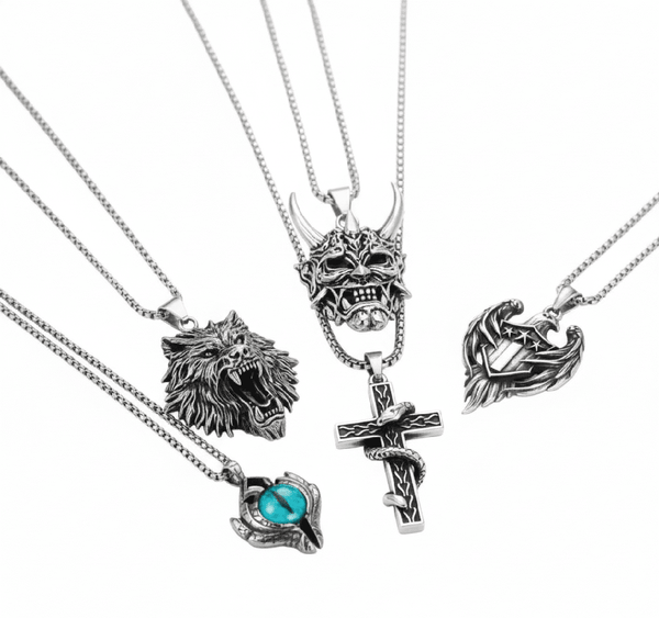 Signature Pendant Pack of 5 – Eagle, Snake, King, Blue Eye & Demon Mask with Stainless Steel 24-Inch Round Box Chain for Mens and Boys