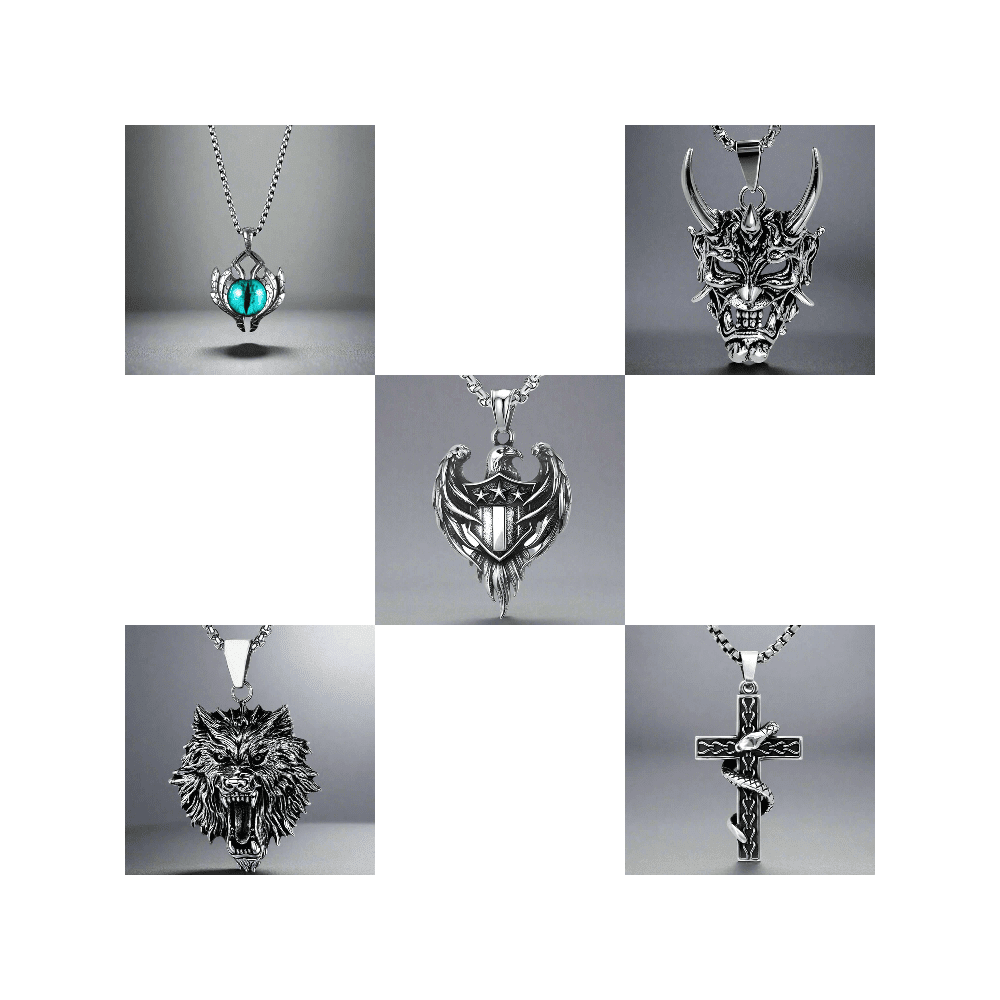 Signature Pendant Pack of 5 – Eagle, Snake, King, Blue Eye & Demon Mask with Stainless Steel 24-Inch Round Box Chain for Mens and Boys - THE MEN THING