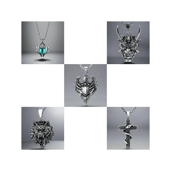 Signature Pendant Pack of 5 – Eagle, Snake, King, Blue Eye & Demon Mask with Stainless Steel 24-Inch Round Box Chain for Mens and Boys