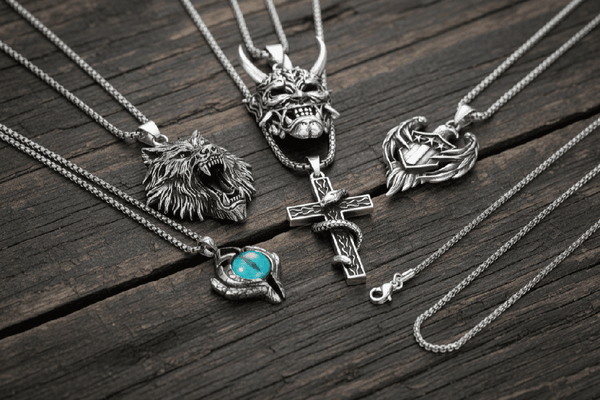 Signature Pendant Pack of 5 – Eagle, Snake, King, Blue Eye & Demon Mask with Stainless Steel 24-Inch Round Box Chain for Mens and Boys