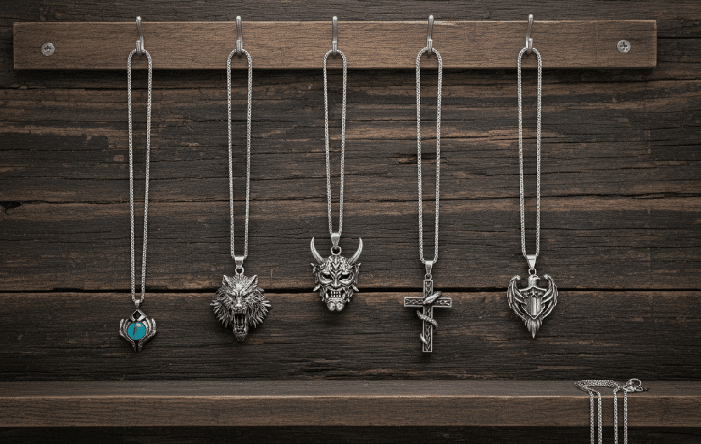 Signature Pendant Pack of 5 – Eagle, Snake, King, Blue Eye & Demon Mask with Stainless Steel 24-Inch Round Box Chain for Mens and Boys - THE MEN THING
