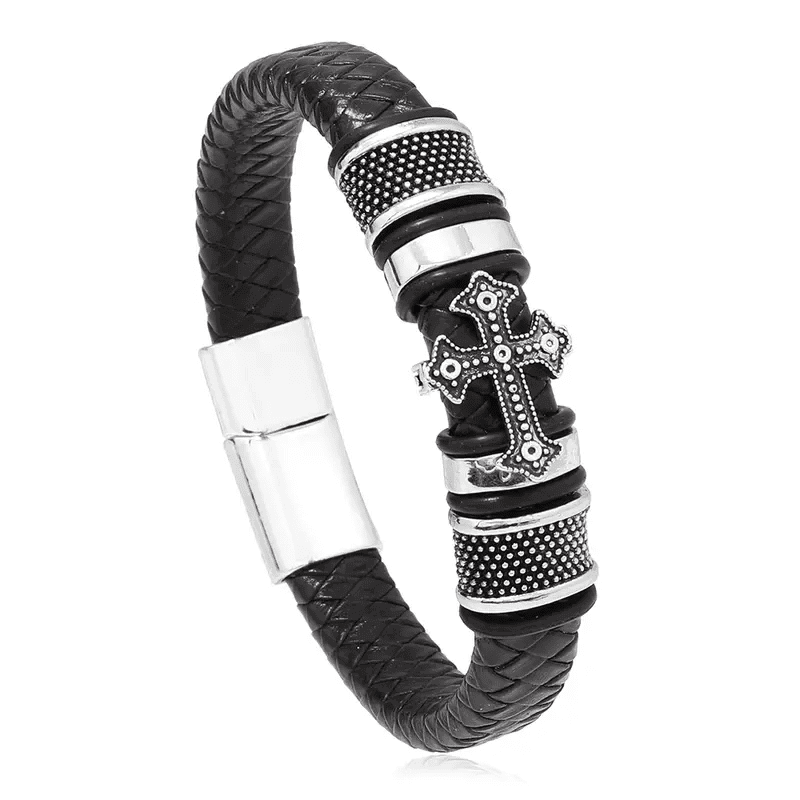 TEMPLAR CROSS BLACK - Genuine Leather Braided Bracelet with Stainless Steel Magnetic Buckle for Men & Boys (8 inch) - THE MEN THING