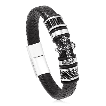 TEMPLAR CROSS BLACK - Genuine Leather Braided Bracelet with Stainless Steel Magnetic Buckle for Men & Boys (8 inch) - THE MEN THING
