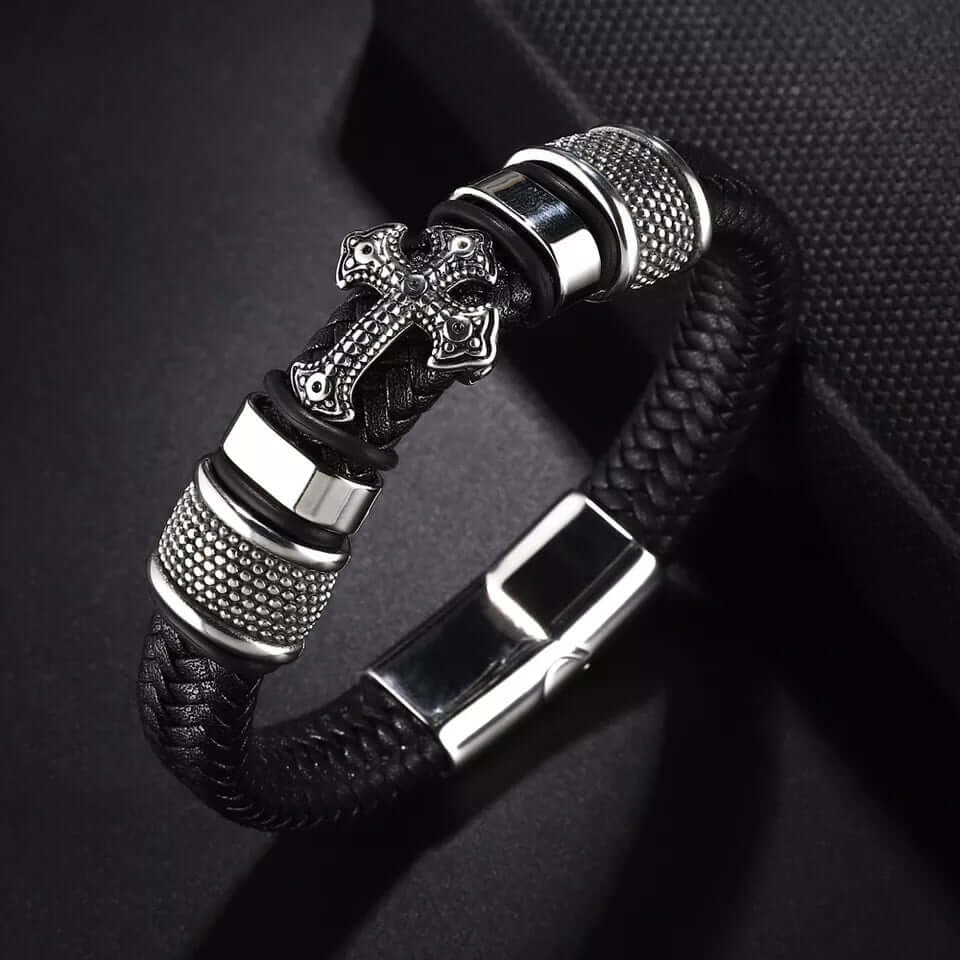 TEMPLAR CROSS BLACK - Genuine Leather Braided Bracelet with Stainless Steel Magnetic Buckle for Men & Boys (8 inch) - THE MEN THING