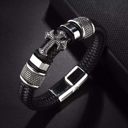 TEMPLAR CROSS BLACK - Genuine Leather Braided Bracelet with Stainless Steel Magnetic Buckle for Men & Boys (8 inch) - THE MEN THING