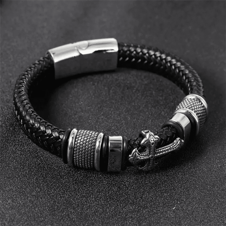 TEMPLAR CROSS BLACK - Genuine Leather Braided Bracelet with Stainless Steel Magnetic Buckle for Men & Boys (8 inch) - THE MEN THING