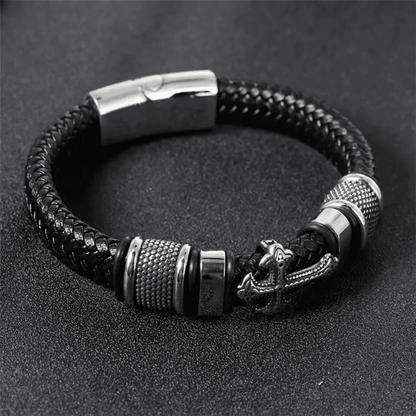TEMPLAR CROSS BLACK - Genuine Leather Braided Bracelet with Stainless Steel Magnetic Buckle for Men & Boys (8 inch) - THE MEN THING