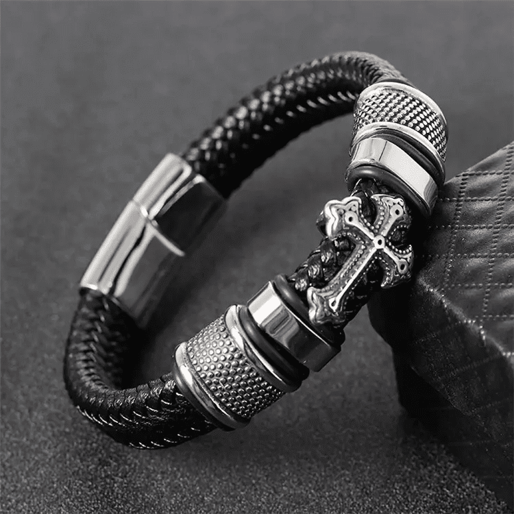 TEMPLAR CROSS BLACK - Genuine Leather Braided Bracelet with Stainless Steel Magnetic Buckle for Men & Boys (8 inch) - THE MEN THING