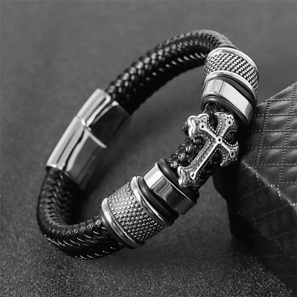 TEMPLAR CROSS BLACK - Genuine Leather Braided Bracelet with Stainless Steel Magnetic Buckle for Men & Boys (8 inch)