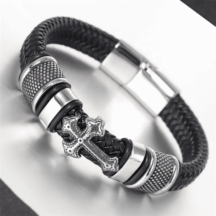 TEMPLAR CROSS BLACK - Genuine Leather Braided Bracelet with Stainless Steel Magnetic Buckle for Men & Boys (8 inch) - THE MEN THING