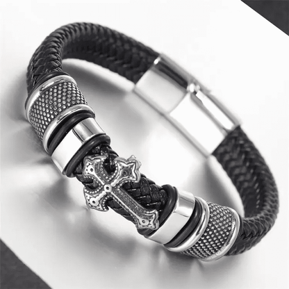 TEMPLAR CROSS BLACK - Genuine Leather Braided Bracelet with Stainless Steel Magnetic Buckle for Men & Boys (8 inch) - THE MEN THING