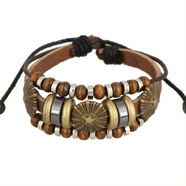 TERRA BROWN - Genuine Leather Multi-Layer Beads Bracelet with Adjustable Rope for Men & Boys — Leather Bracelet for Men | THE MEN THING