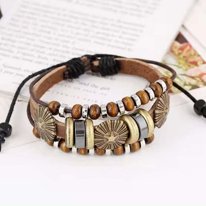 TERRA BROWN - Genuine Leather Multi-Layer Beads Bracelet with Adjustable Rope for Men & Boys — Leather Bracelet for Men | THE MEN THING