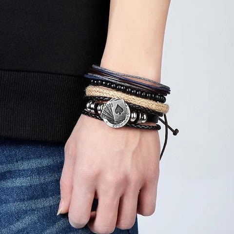 THE GAMBLER’S CUFF - 4 Pcs Genuine Braided Leather Bracelet Set for Men & Boys (8 inch) - THE MEN THING