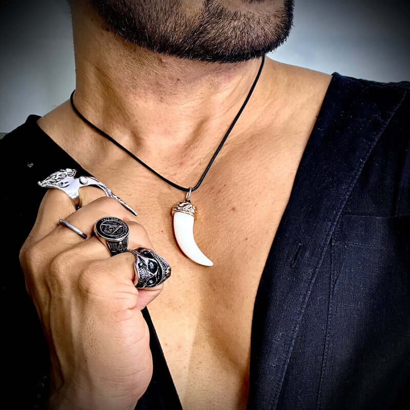 THE MEN THING Necklace for Men - Gold Ivory Dangle Pendant Necklace Black Lobster Claw Adjustable Necklace for Men and Boys. — Leather Necklace for Men | THE MEN THING