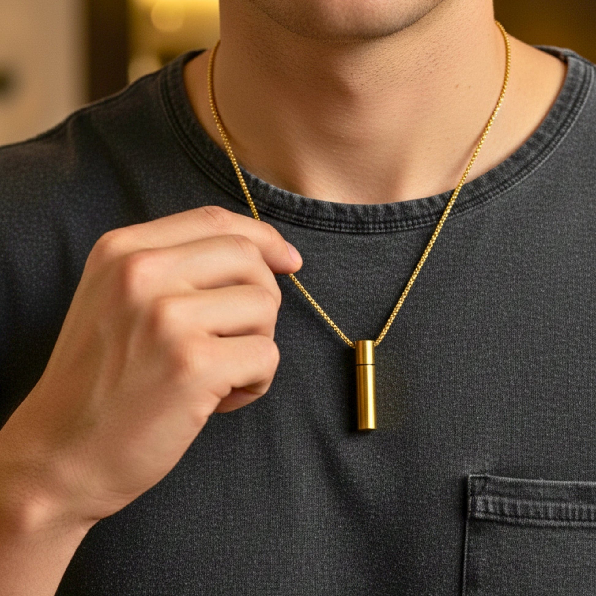 THE SECRET BOX - GOLD - 10mm Titanium Steel Pendant with 24inch Round Box 4 mm Adjustable Cable Chain for Men & Boys - THE MEN THING