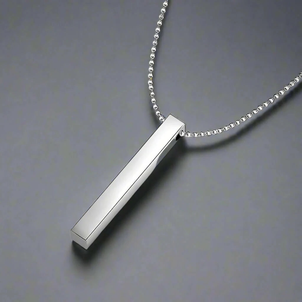THE SLEEK (T) - Pure Titanium Steel 3D Silver Cuboid Vertical Bar Pendant with 24inch Ball Chain for Men & Boys - THE MEN THING