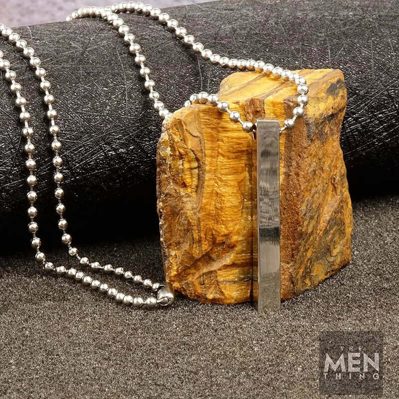 THE SLEEK (T) - Pure Titanium Steel 3D Silver Cuboid Vertical Bar Pendant with 24inch Ball Chain for Men & Boys - THE MEN THING