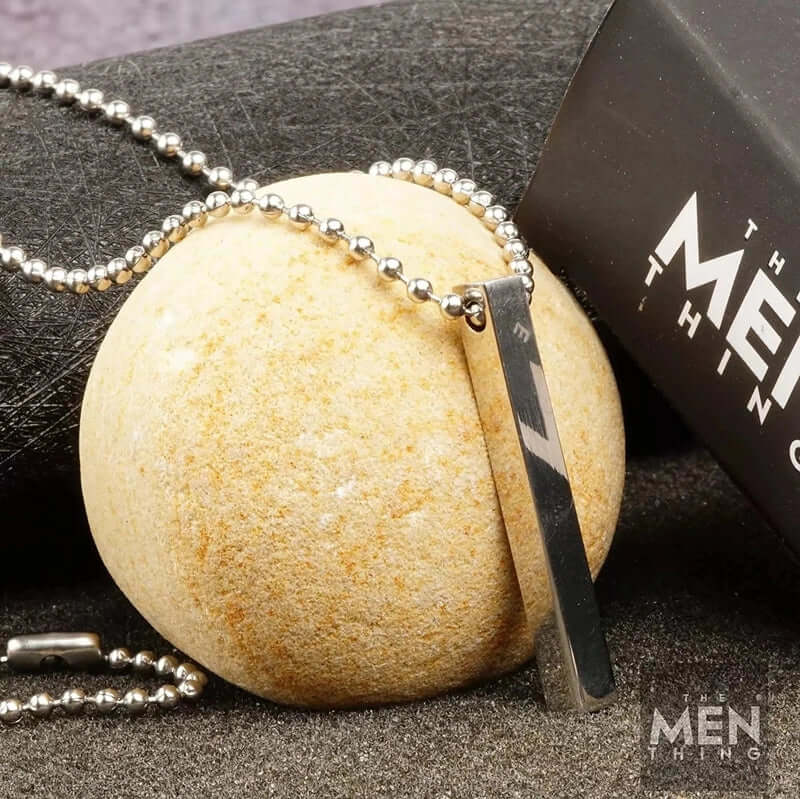 THE SLEEK (T) - Pure Titanium Steel 3D Silver Cuboid Vertical Bar Pendant with 24inch Ball Chain for Men & Boys - THE MEN THING