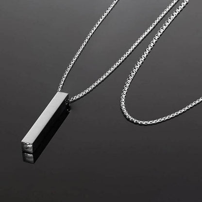 ENGRAVED - THE ULTRA SLEEK (T) - Pure Titanium Steel Ultra Polished 3D Silver Cuboid Vertical Bar Pendant with 24inch Round Box Chain for Men & Boys — SS Pendant/ Necklace for Men | THE MEN THING