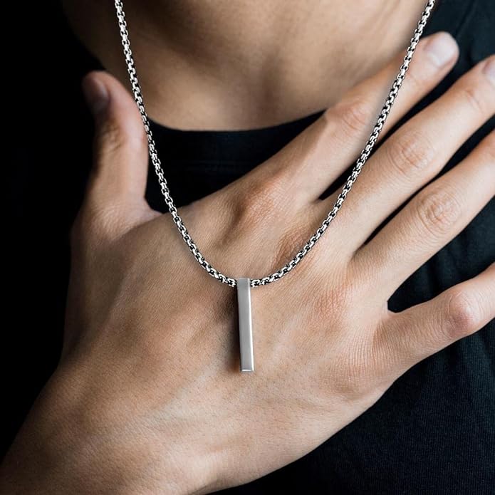 ENGRAVED - THE ULTRA SLEEK (T) - Pure Titanium Steel Ultra Polished 3D Silver Cuboid Vertical Bar Pendant with 24inch Round Box Chain for Men & Boys — SS Pendant/ Necklace for Men | THE MEN THING