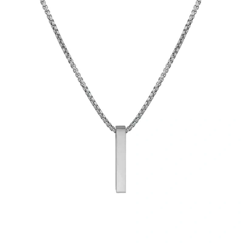 ENGRAVED - THE ULTRA SLEEK (T) - Pure Titanium Steel Ultra Polished 3D Silver Cuboid Vertical Bar Pendant with 24inch Round Box Chain for Men & Boys — SS Pendant/ Necklace for Men | THE MEN THING