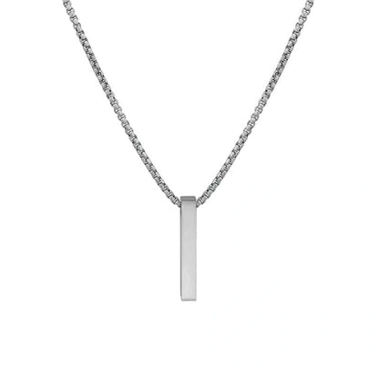 ENGRAVED - THE ULTRA SLEEK (T) - Pure Titanium Steel Ultra Polished 3D Silver Cuboid Vertical Bar Pendant with 24inch Round Box Chain for Men & Boys — SS Pendant/ Necklace for Men | THE MEN THING