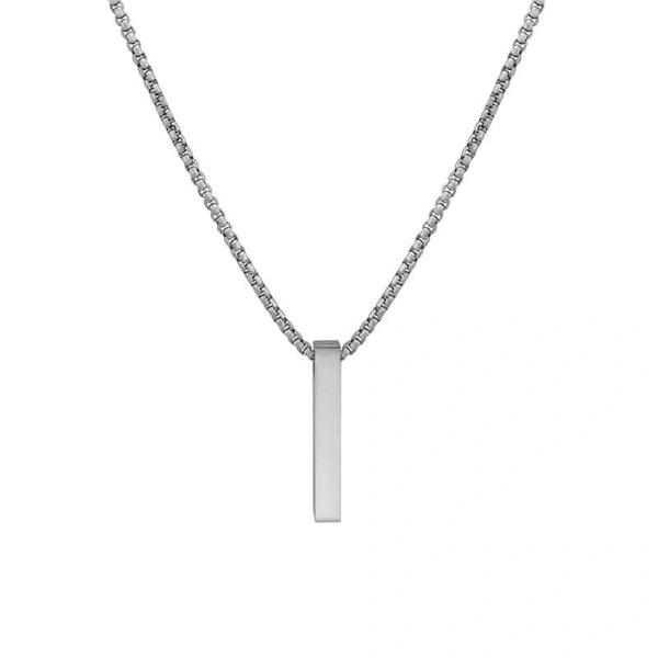 ENGRAVED - THE ULTRA SLEEK (T) - Pure Titanium Steel Ultra Polished 3D Silver Cuboid Vertical Bar Pendant with 24inch Round Box Chain for Men & Boys
