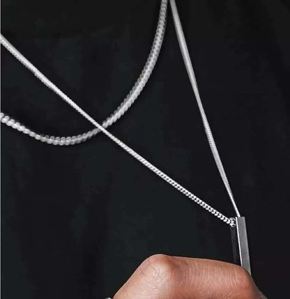 ENGRAVED - THE ULTRA SLEEK (T) - Pure Titanium Steel Ultra Polished 3D Silver Cuboid Vertical Bar Pendant with 24inch Round Box Chain for Men & Boys — SS Pendant/ Necklace for Men | THE MEN THING