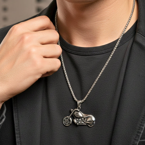 THUNDER BIKE - 43mm Titanium Steel Pendant with 24inch Round Box 5mm Chain for Men & Boys