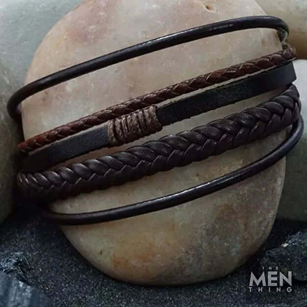 TIERED TREASURE BROWN -  Leather Bracelet for Men - American Style Genuine Leather Multi-Layer Braided Bracelet with Stainless Steel Magnetic Buckle for Men & Boys