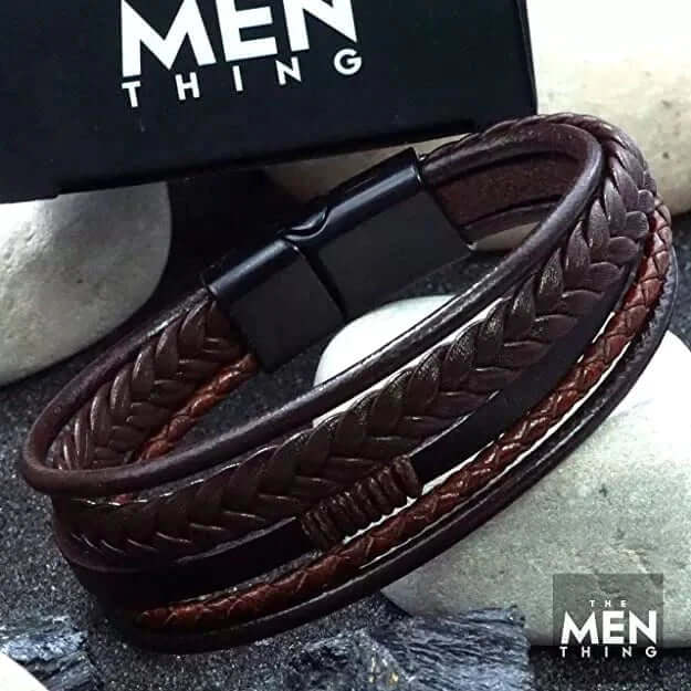 TIERED TREASURE BROWN -  Leather Bracelet for Men - American Style Genuine Leather Multi-Layer Braided Bracelet with Stainless Steel Magnetic Buckle for Men & Boys - THE MEN THING