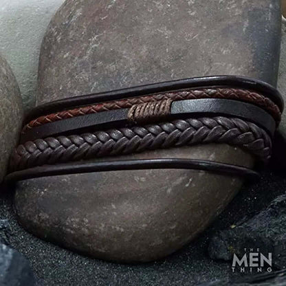 TIERED TREASURE BROWN -  Leather Bracelet for Men - American Style Genuine Leather Multi-Layer Braided Bracelet with Stainless Steel Magnetic Buckle for Men & Boys - THE MEN THING