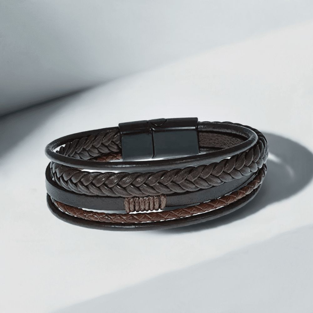 TIERED TREASURE BROWN -  Leather Bracelet for Men - American Style Genuine Leather Multi-Layer Braided Bracelet with Stainless Steel Magnetic Buckle for Men & Boys - THE MEN THING